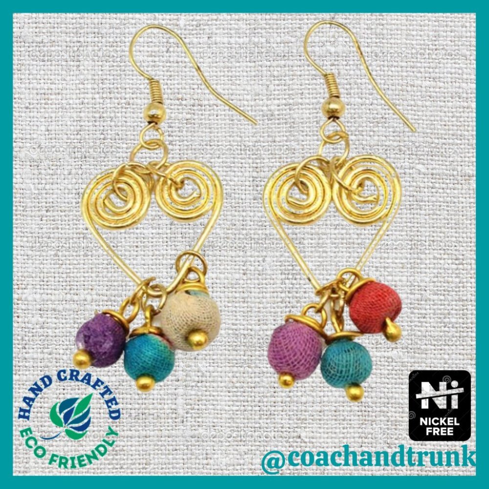 BACK IN STOCK Artisan Hand Shaped Wire‎ Heart and Sari Wrapped Bead Earrings NEW
